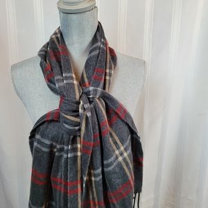 Steve Madden Grey Red and Tan Plaid Muffler Scarf One Size